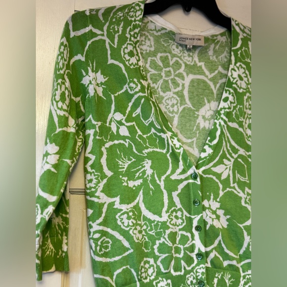Jones New York Sweaters - Jones New York Green‎ and White Cotton Cardigan